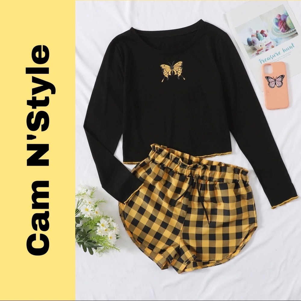 New Butterfly Tee & Plaid Shorts Pajama Set